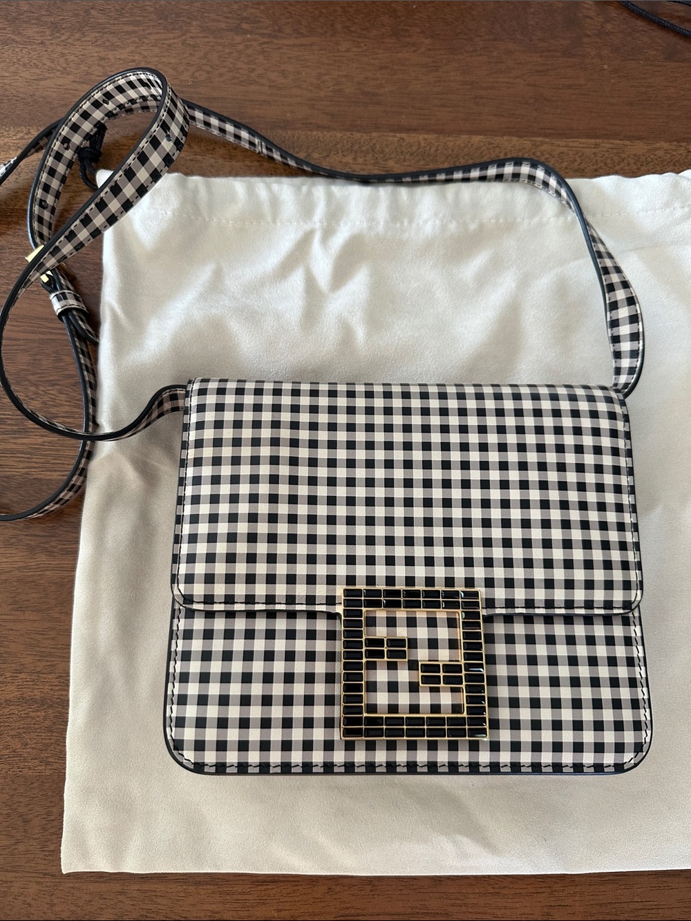 FENDI square baguette leather checkered crossbody with crystal FF logo w/ CoA